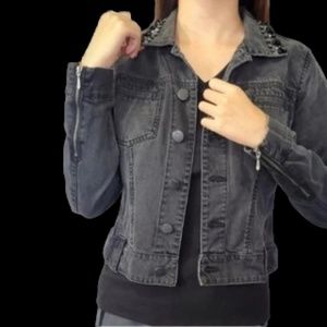 Cabi Black Denim Jean Jacket With Beaded Collar Women's Size M